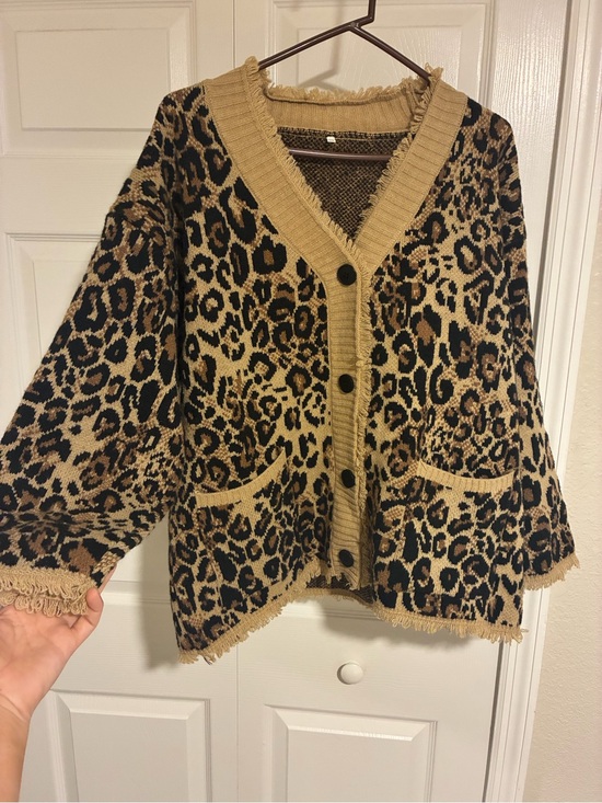 Sweaters - Leopard Print Button-Front Cardigan Sweater - Tan/Black size M/L